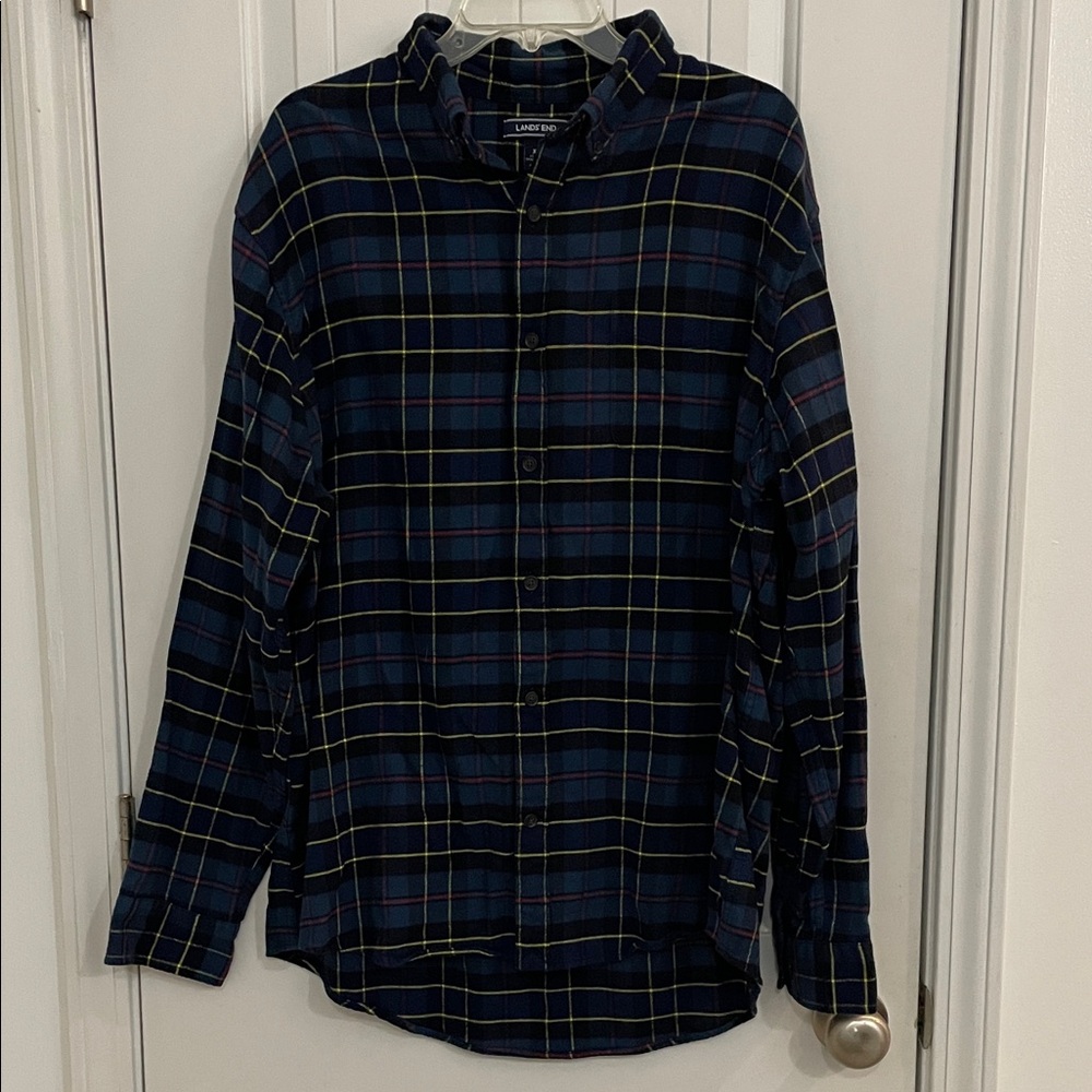 Lands' End Men's Navy and Yellow XL Plaid Shirt